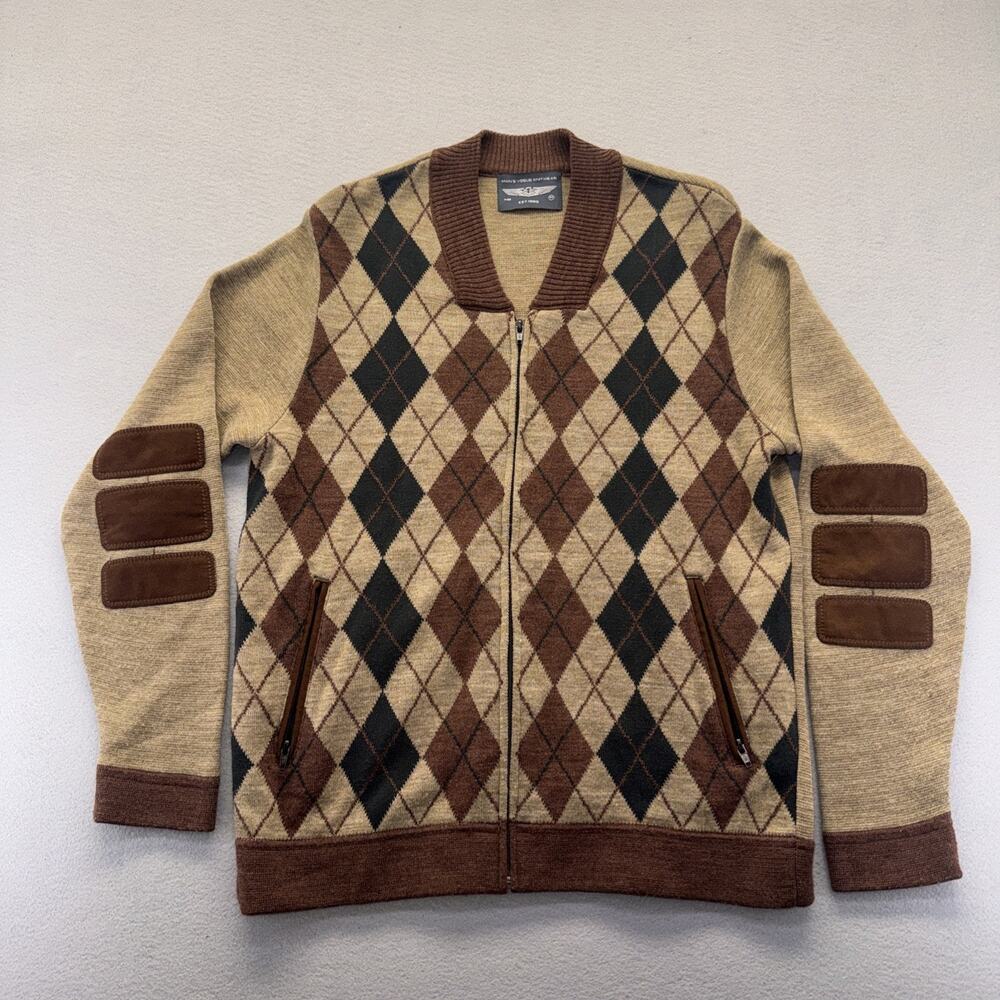 Mens Vogue Knitwear Argyle Full Zip Sweater Jacket Medium Brown Tan Elbow Patch